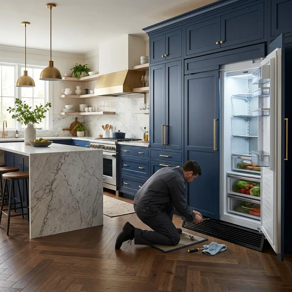 Panel ready built in refrigerator integrated into navy kitchen cabinetry with a technician at the base grille
