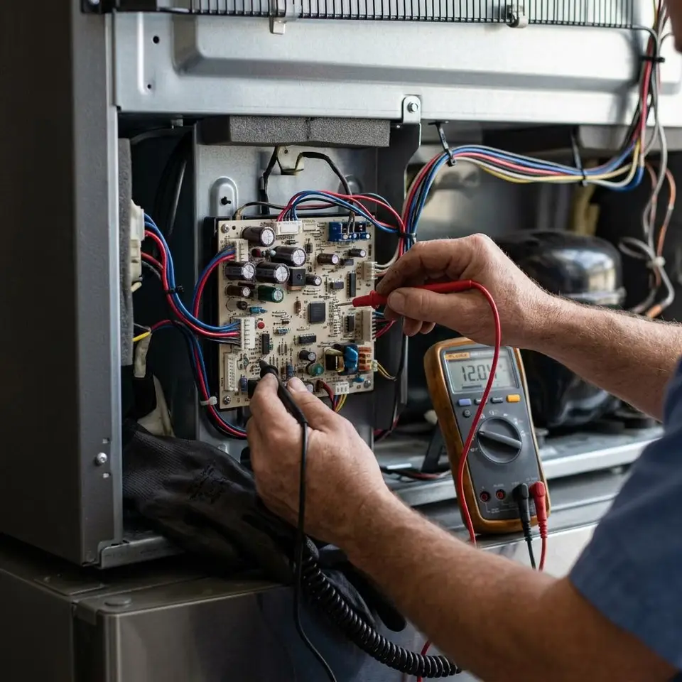 Technician testing a refrigerator control board with a multimeter during refrigerator repair in Charlotte
