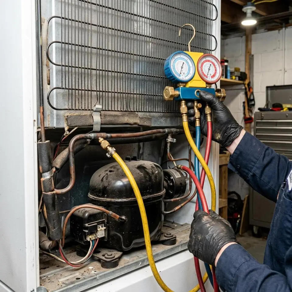 Gauge set connected to copper refrigerant lines and a compressor at the back of a refrigerator