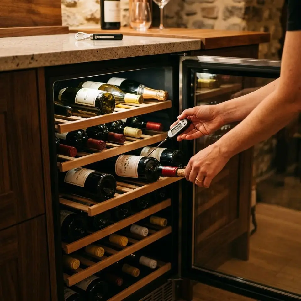 Hand checking the temperature of an undercounter wine cooler with a probe thermometer beside racked bottles